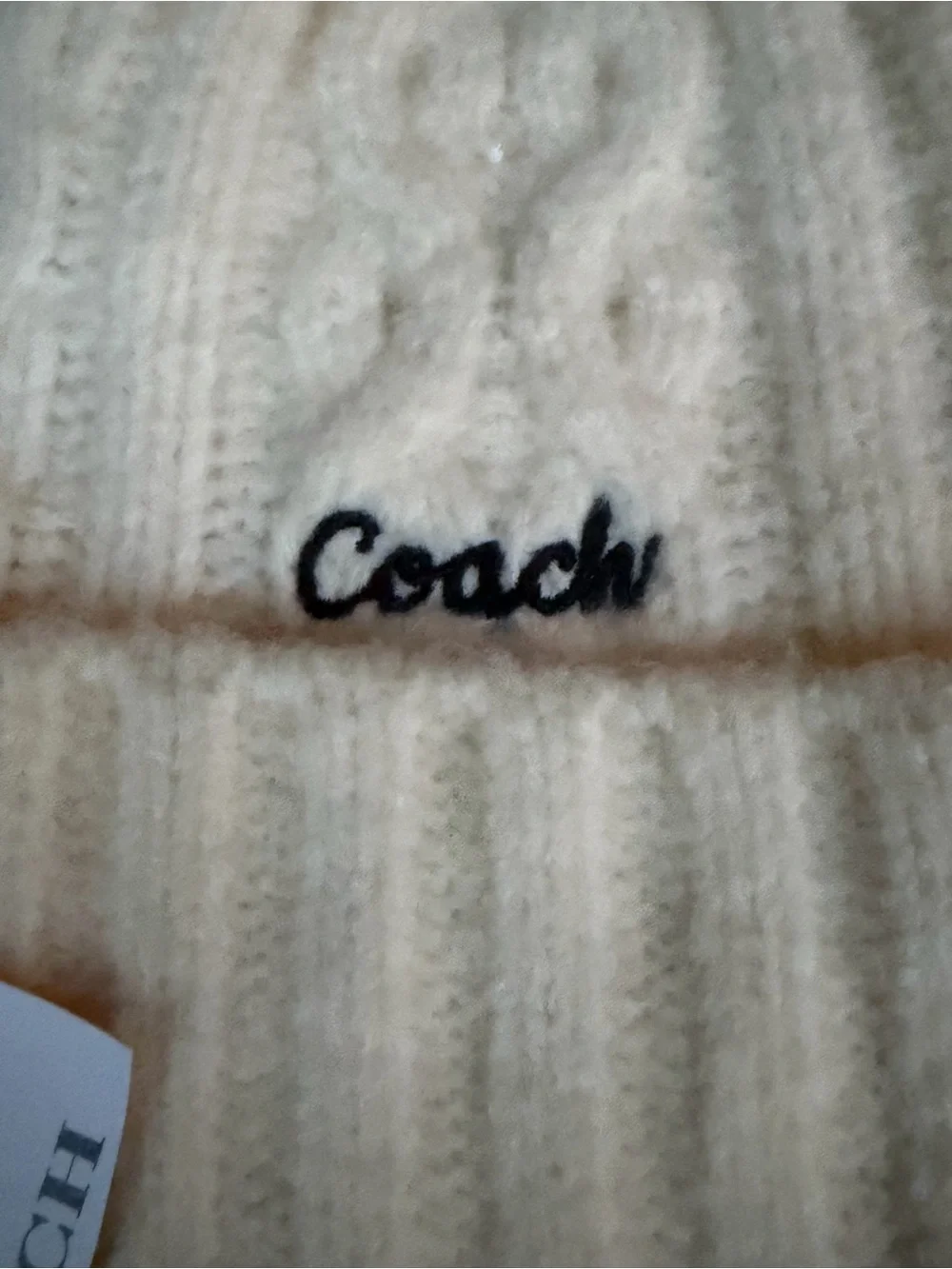 Coach Cable Knit Beanie Hat in Chalk